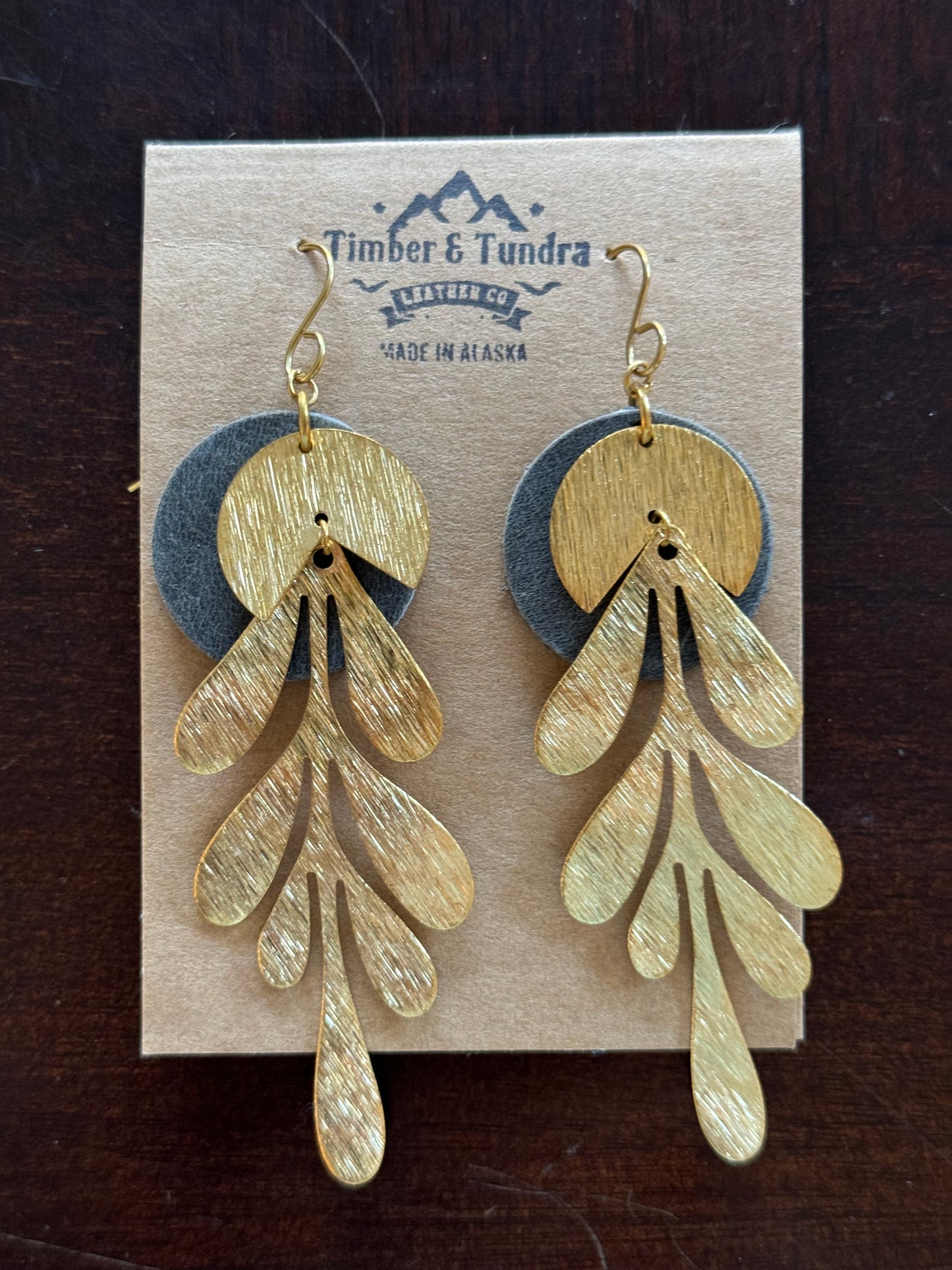 Brass Leaf & Leather Dangle Earrings