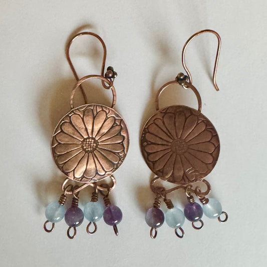Amethyst & Angelite Copper Patina 1" Flower earrings