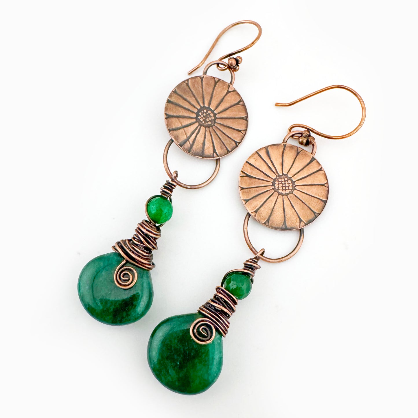 Green Onyx Copper Patina 1" Flower earrings