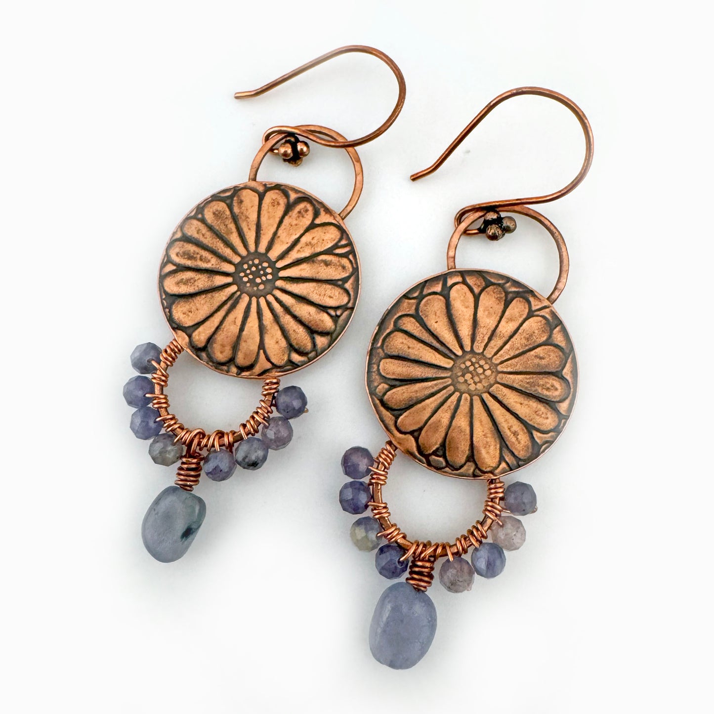 Iolite Copper Patina 1" Flower earrings