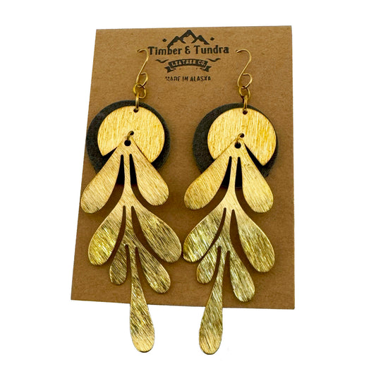 Brass Leaf & Leather Dangle Earrings