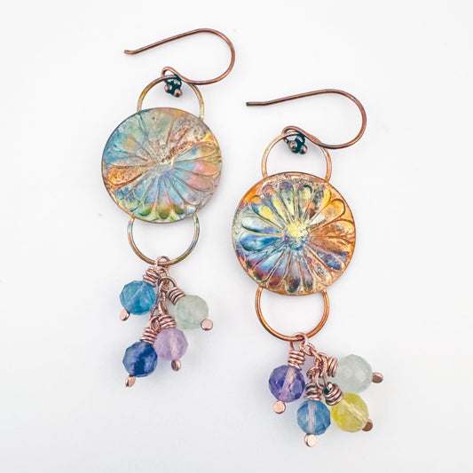 Flame Painted Copper Flower & Flourite 1" earrings