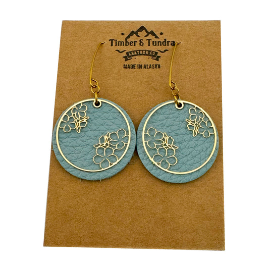 Gold Forget-Me-Not & Blue Leather Dangle Earrings