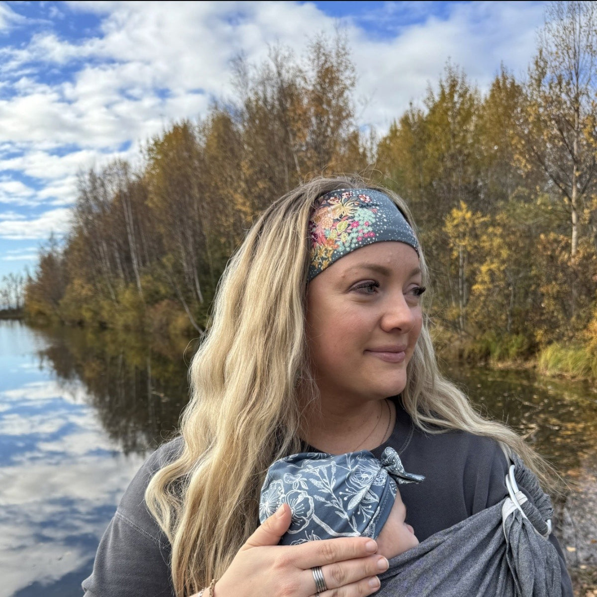 Grey Floral stretch headband