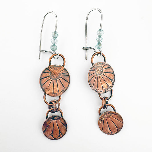 Copper Small Flower Dangles with Aquamarine